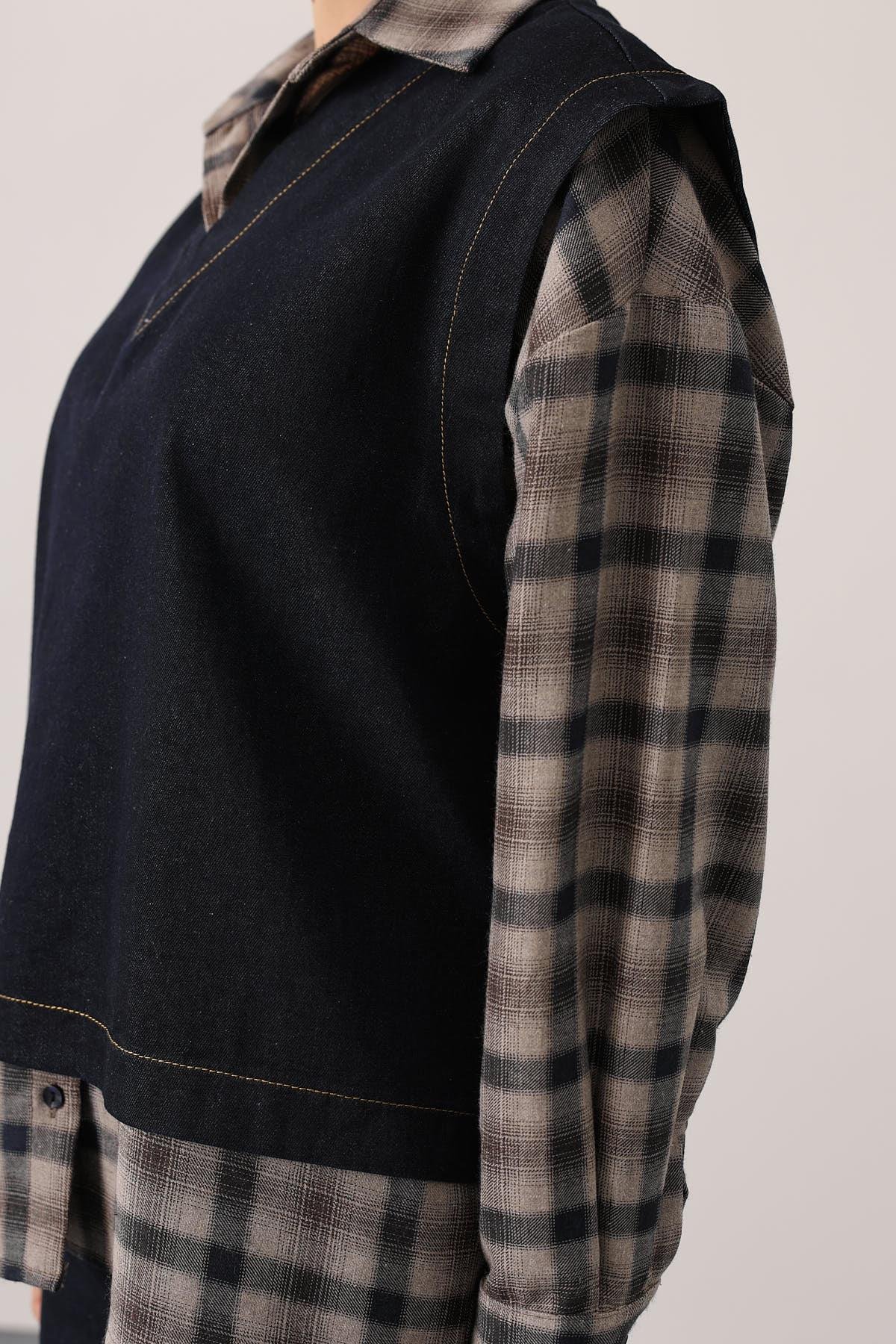 Kadın Denim İkili Takım V Yaka Kot Yelek ve Yüksek Bel Geniş Paça Pantolon Kot Takım