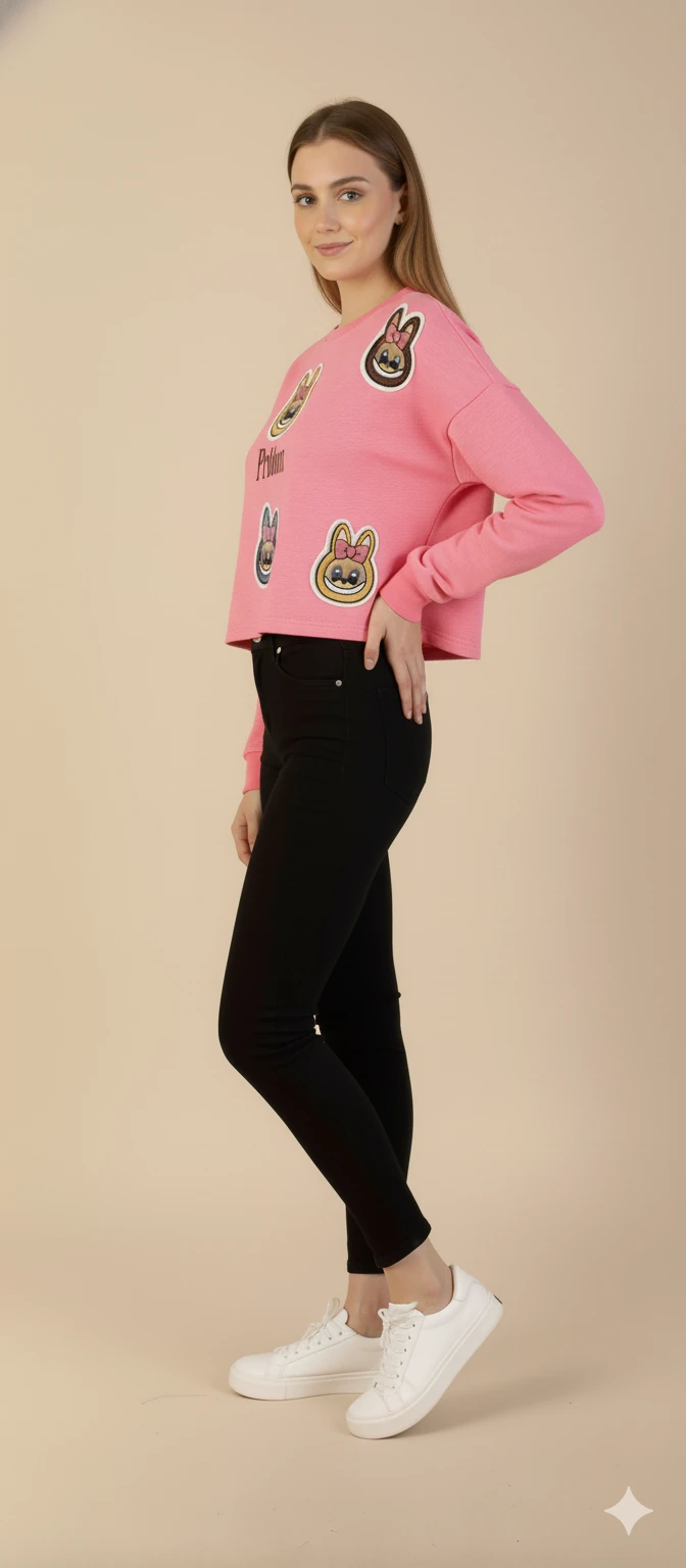 Kadın Labubu Karakter Yama Detaylı Crop Sweat Bisiklet Yaka Uzun Kollu Kısa Sweat - Pembe