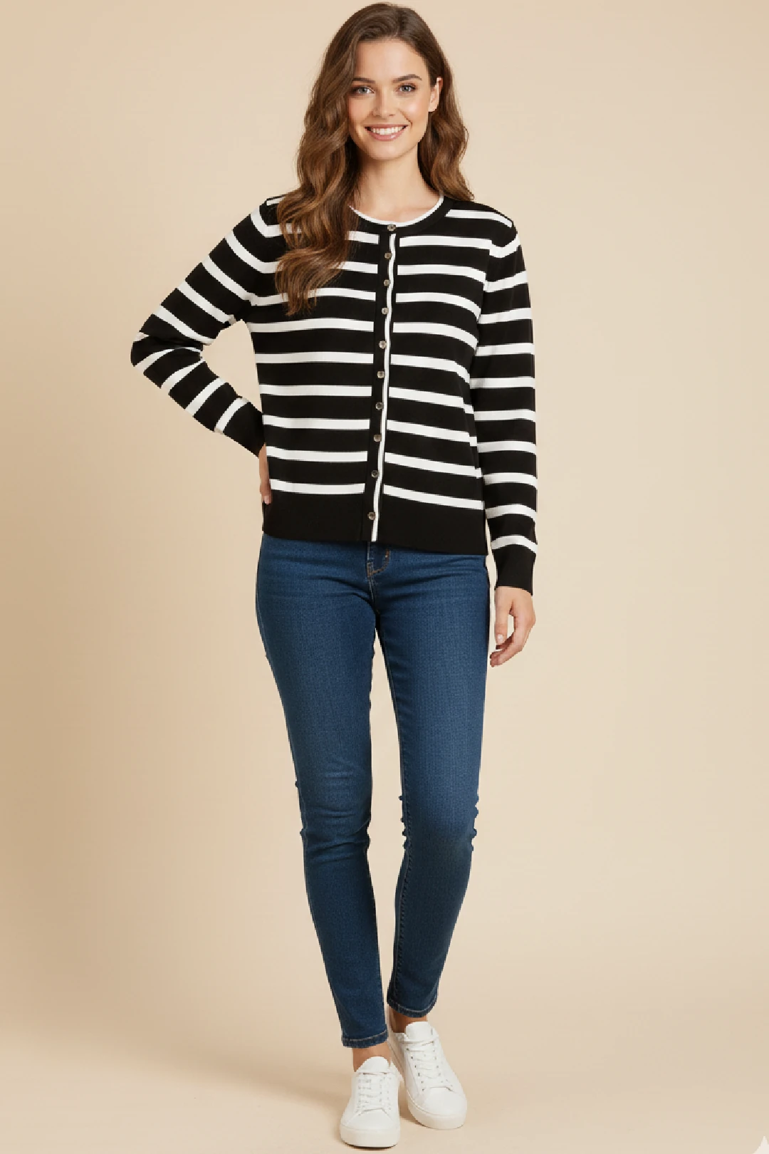 Cemo Basic Düğmeli Çizgili Uzun Kollu İnce Triko - Kahve-Taş