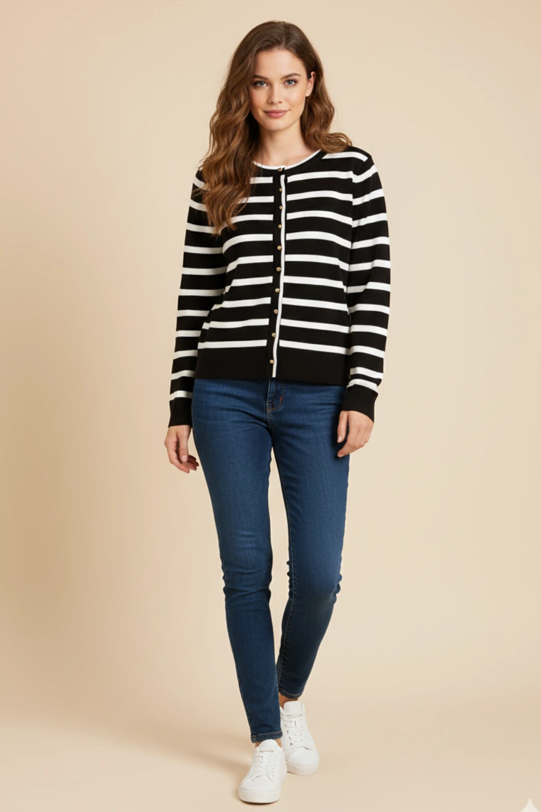 Cemo Basic Düğmeli Çizgili Uzun Kollu İnce Triko - Kahve-Taş