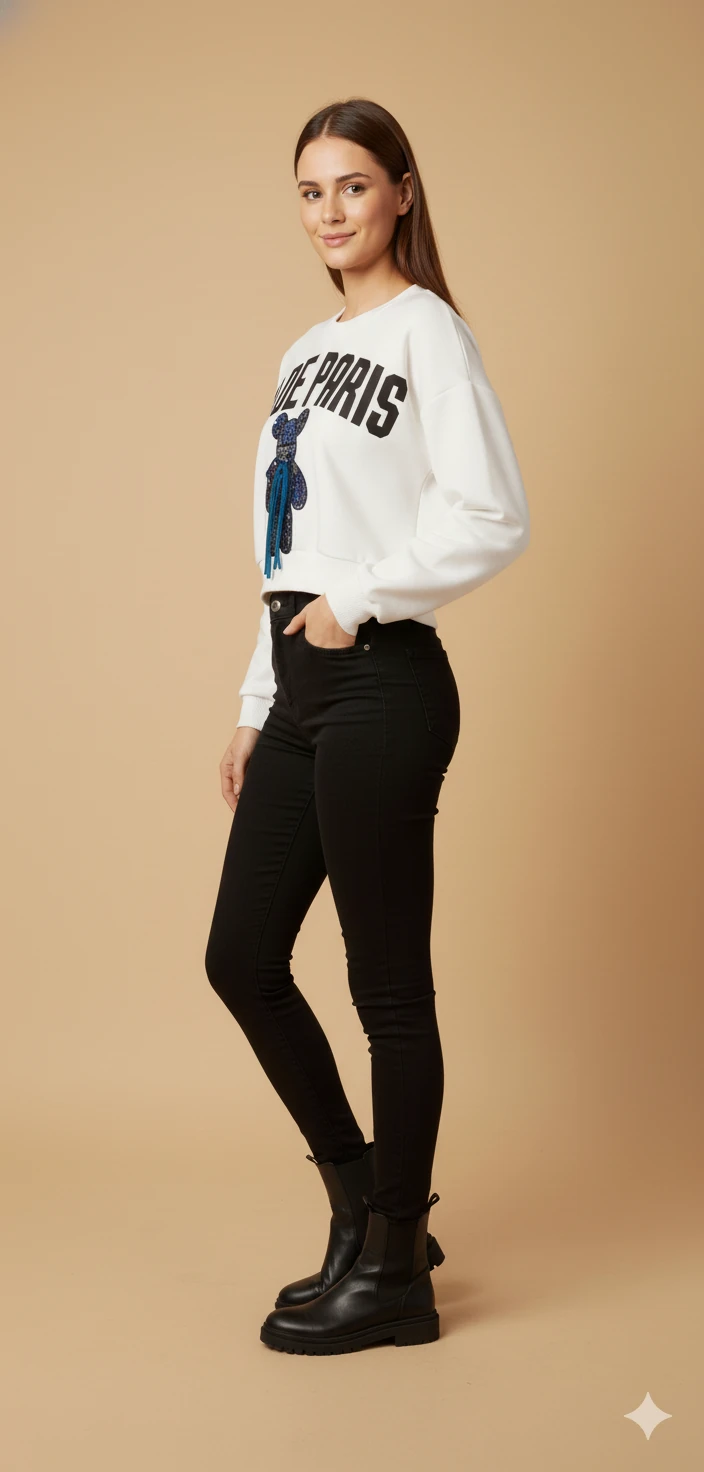 Kadın Ayı Figürlü Crop Sweat Payetli Teddy Bear İpli Detaylı Yazılı Yuvarlak Yaka Kısa Swat