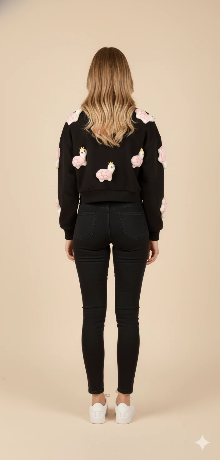 Kadın 3D Figürlü Crop Sweat Kabartmalı Karakter Desenli Bisiklet Yaka Uzun Kollu Kısa Sweat - Ekru