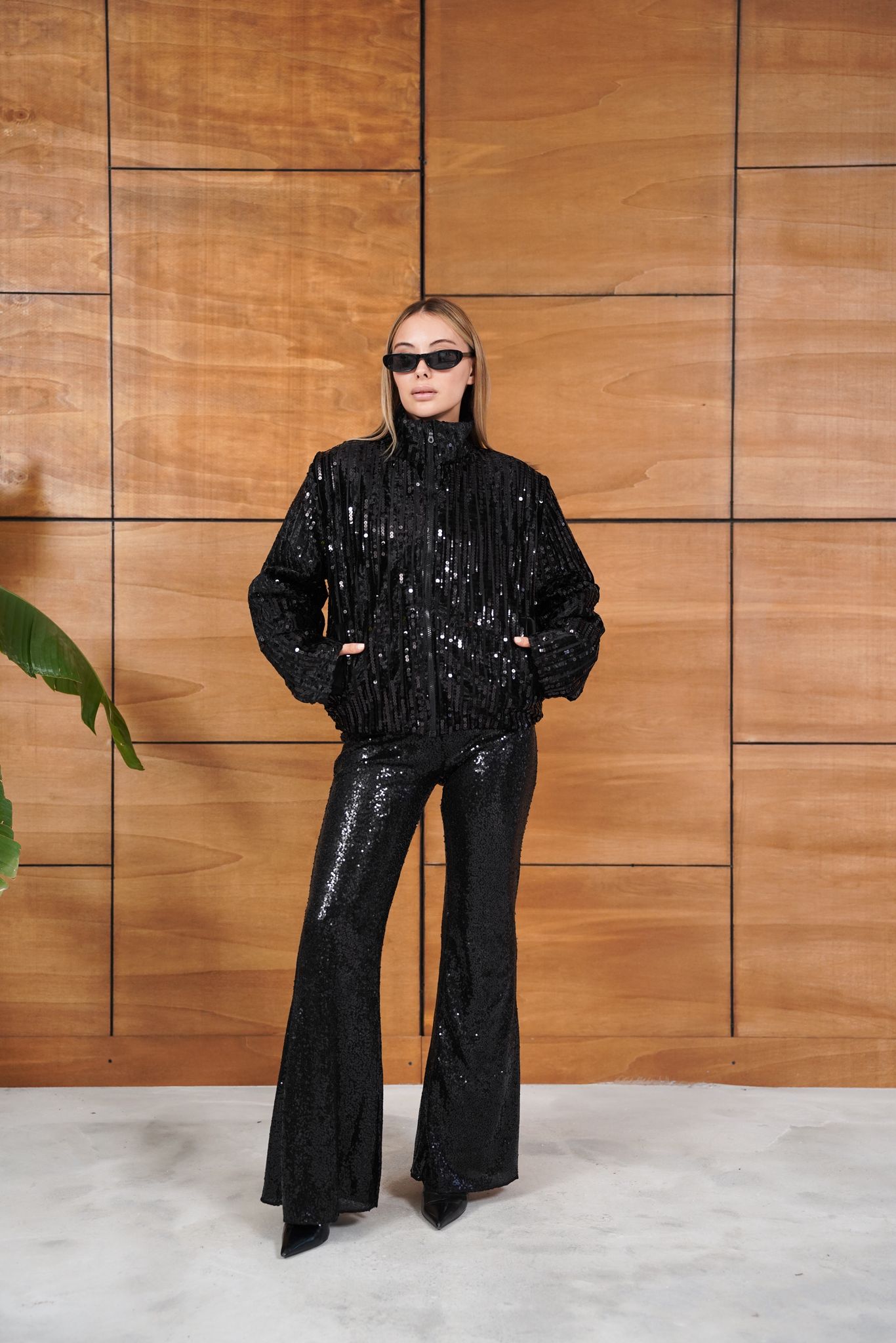 Cemo Full Pul Payetli Siyah Fermuarlı Bomber Ceket