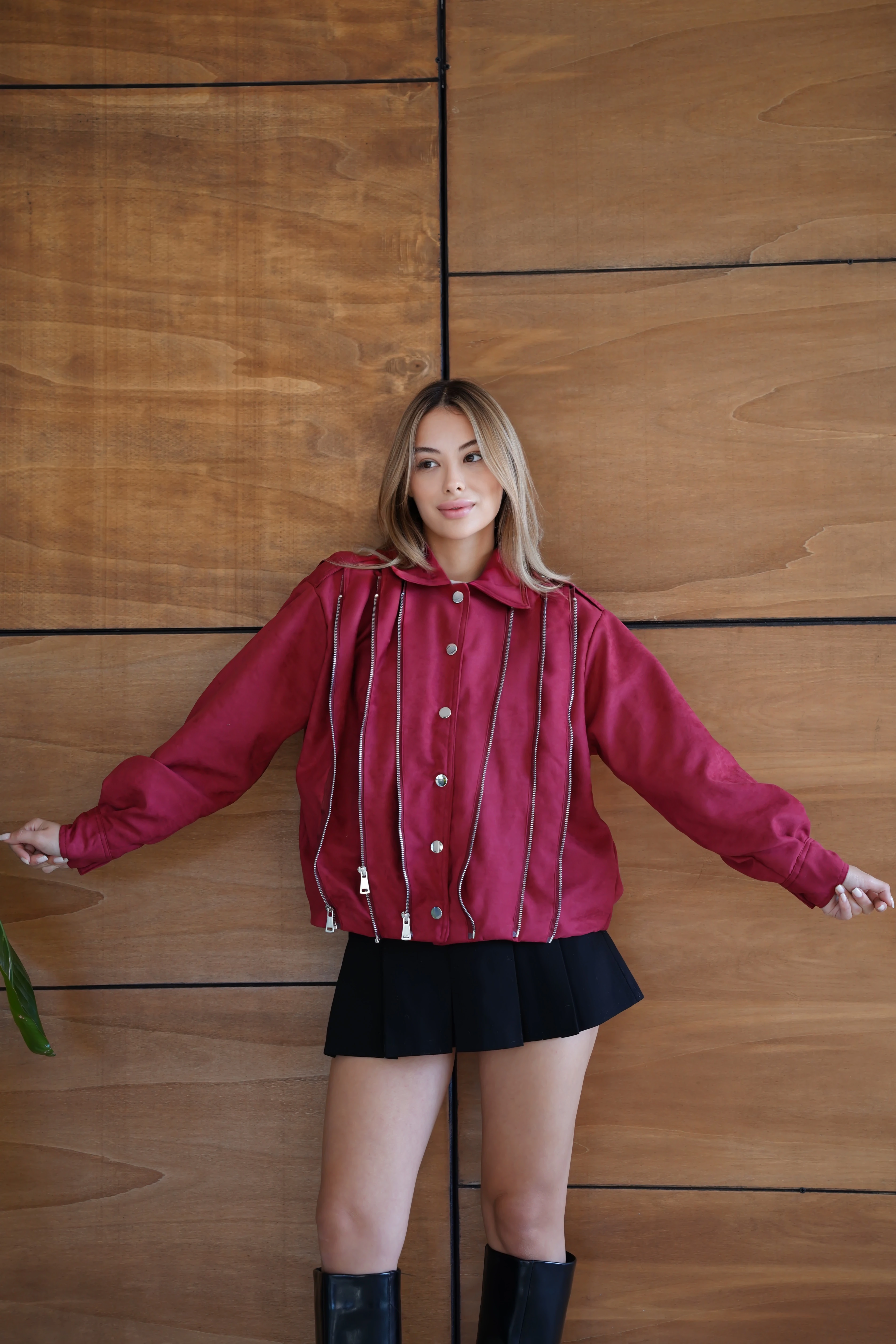 Kadın Bordo Fermuar Detaylı Kısa Ceket Bomber Gömlek Yaka Baharlık Ceket - Bordo