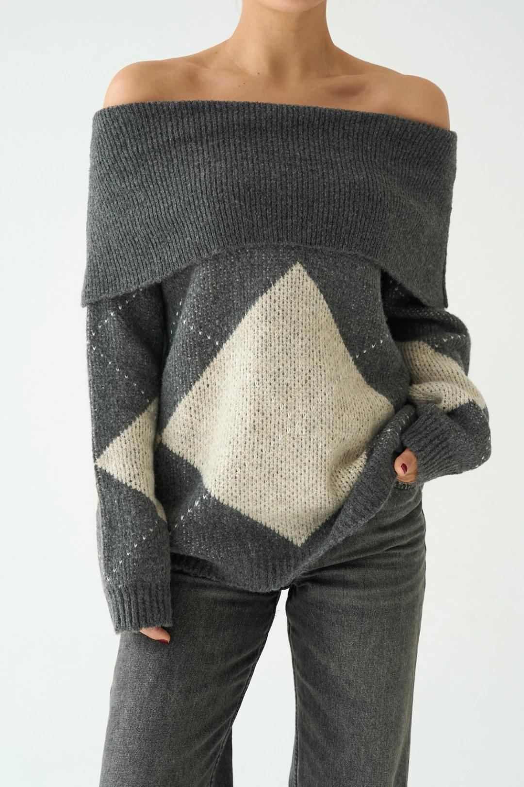 Kayık Yaka Baklava Desenli Oversize Triko Kazak