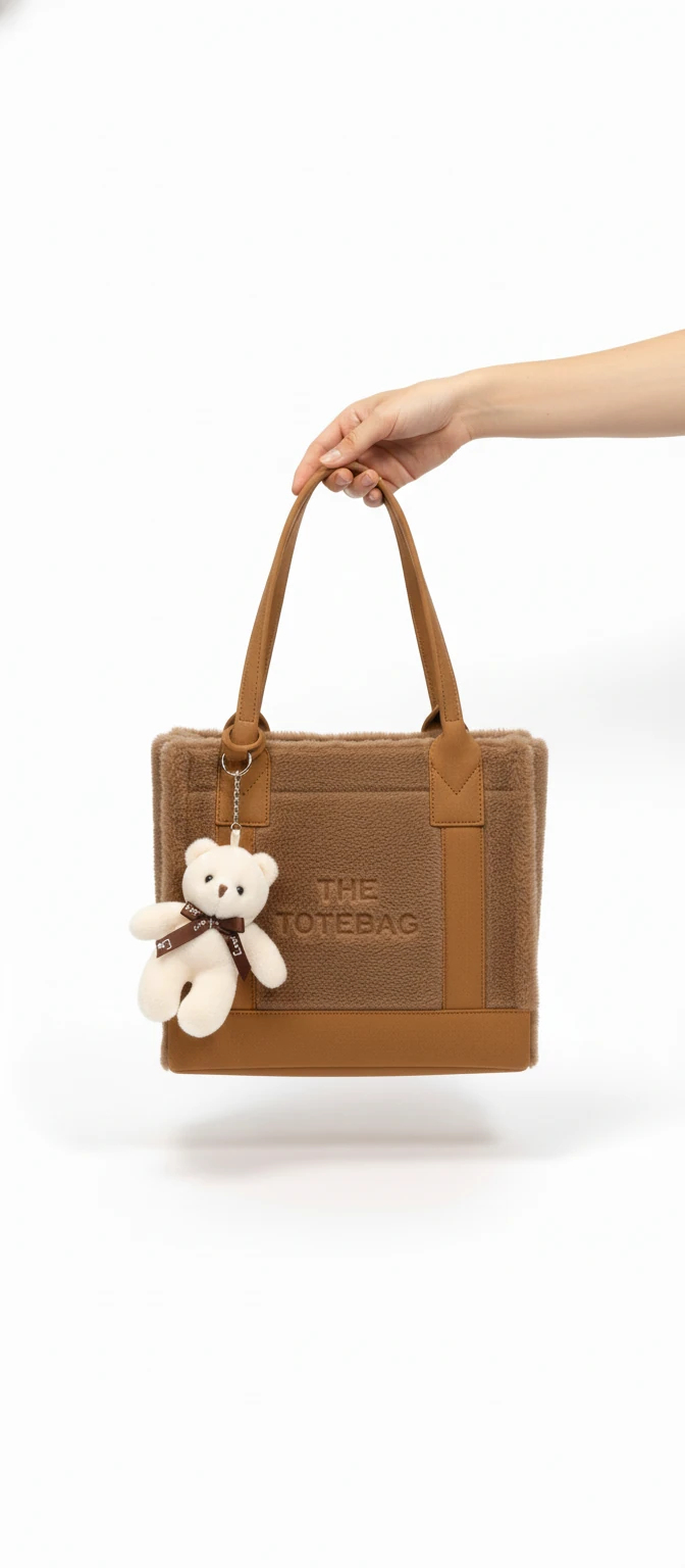 Kürk ve Teddy Ayıcıklı Tüylü Mini Tote Çanta - Kahverengi