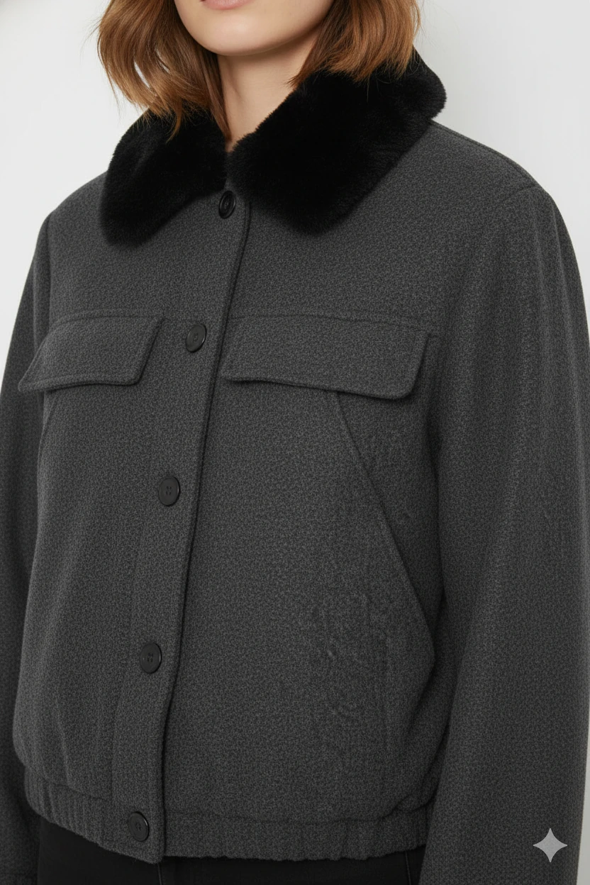 Cemo Kuzu Kürk Yakalı Düğmeli Kısa Suni Deri Ceket - Antrasit