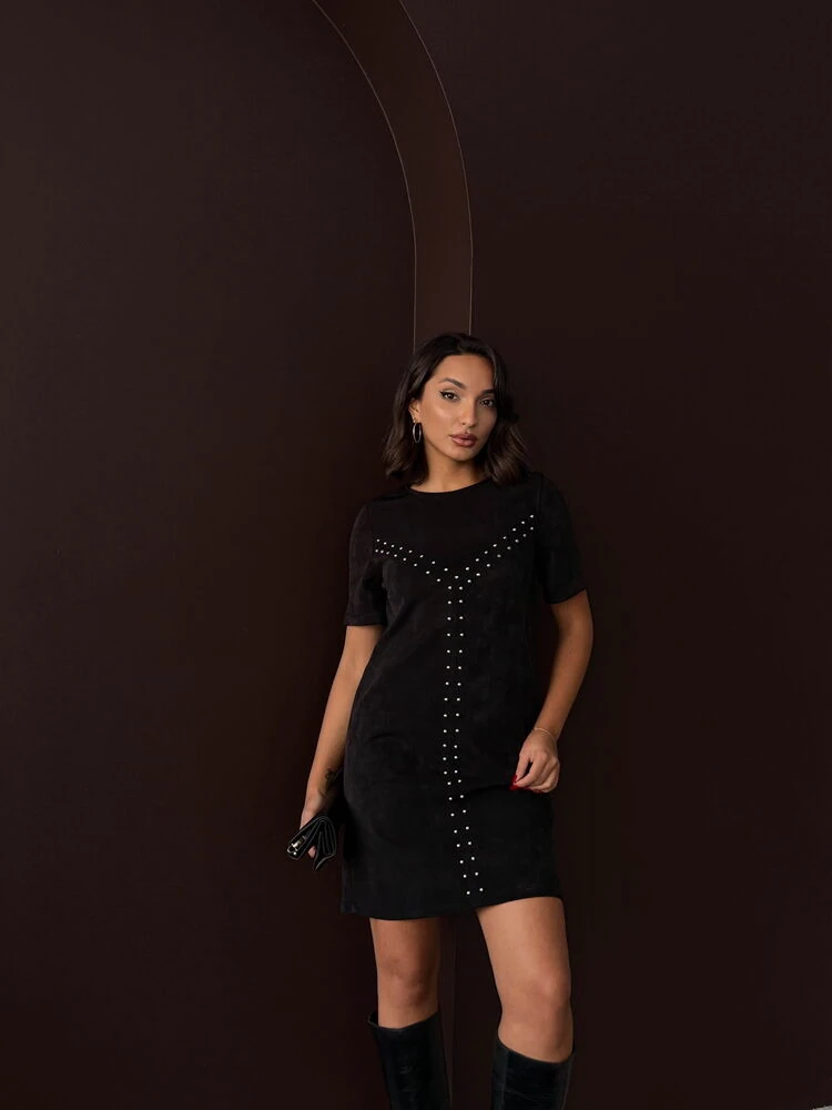 Kadın Siyah Zımba Detaylı Süet/Suni Deri Mini Elbise Kısa Kol Abiye Elbise