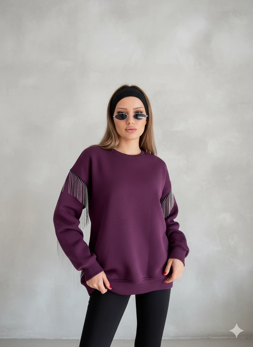 Püsküllü Uzun Kollu Sweat - Mürdüm