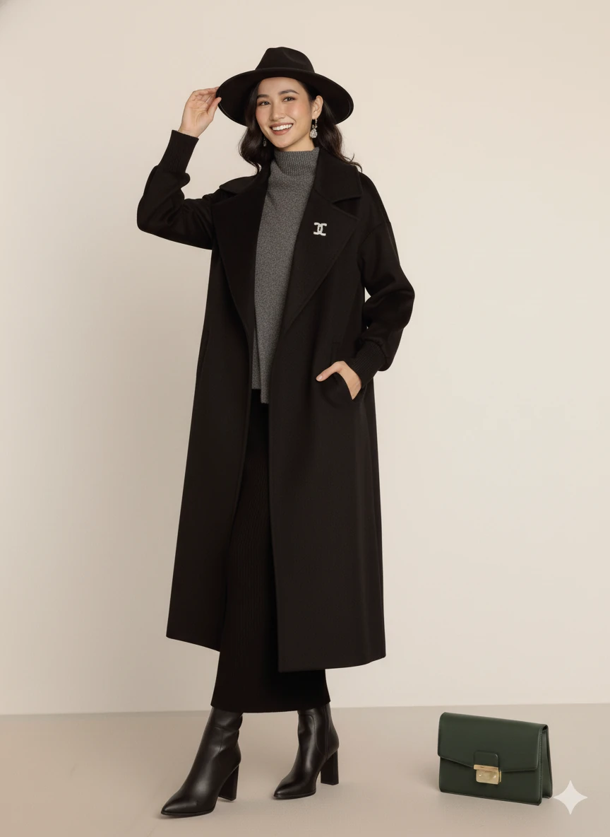 Kadın Siyah Kaşe Uzun Kaban Maksi Boy Palto Geniş Yakalı Düz ​​Kesim Kışlık  - Siyah