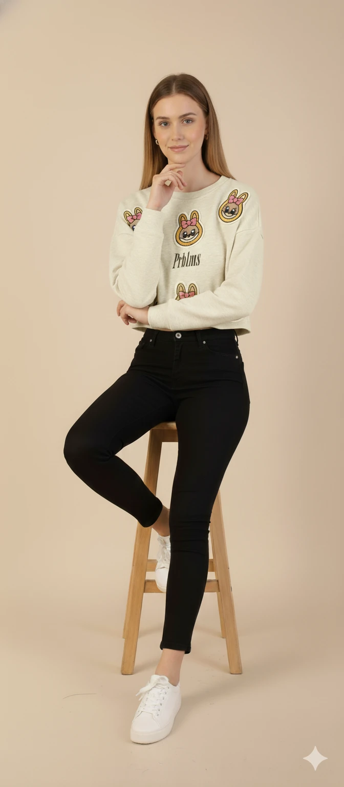 Kadın Labubu Karakter Yama Detaylı Crop Sweat Bisiklet Yaka Uzun Kollu Kısa Sweat - Ekru