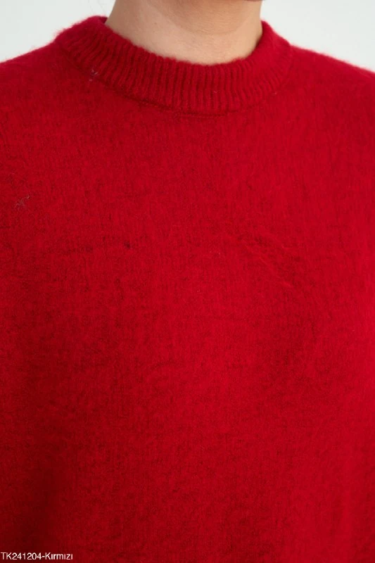 Tüylü Örgü Büyük Boy Yuvarlak Yaka Kazak Uzun Kollu Süveter - Kırmızı