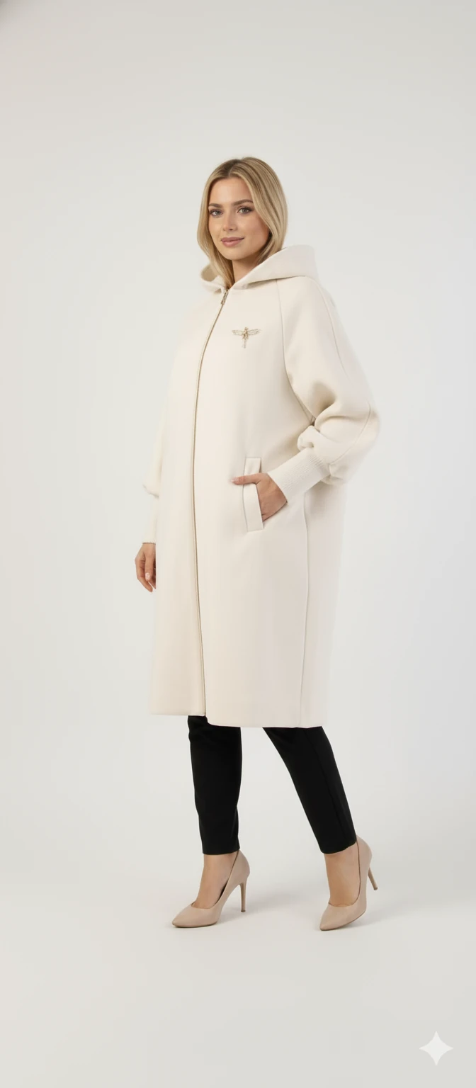 Kadın Gri Kapüşonlu Balon Kol Fermuarlı Kaban Oversize Midi Boy Kışlık Kaşe Mont - Bej