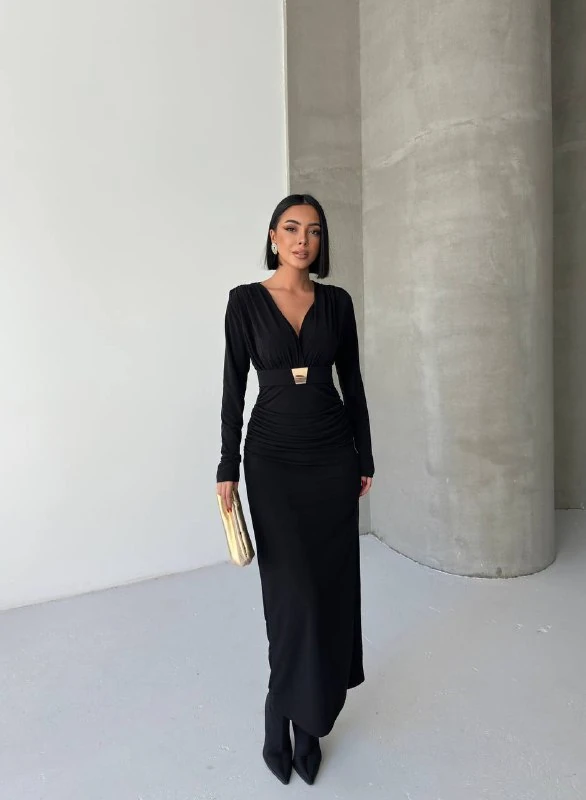 KRUVAZE AKSESUARLI MAXİ ELBİSE - Siyah