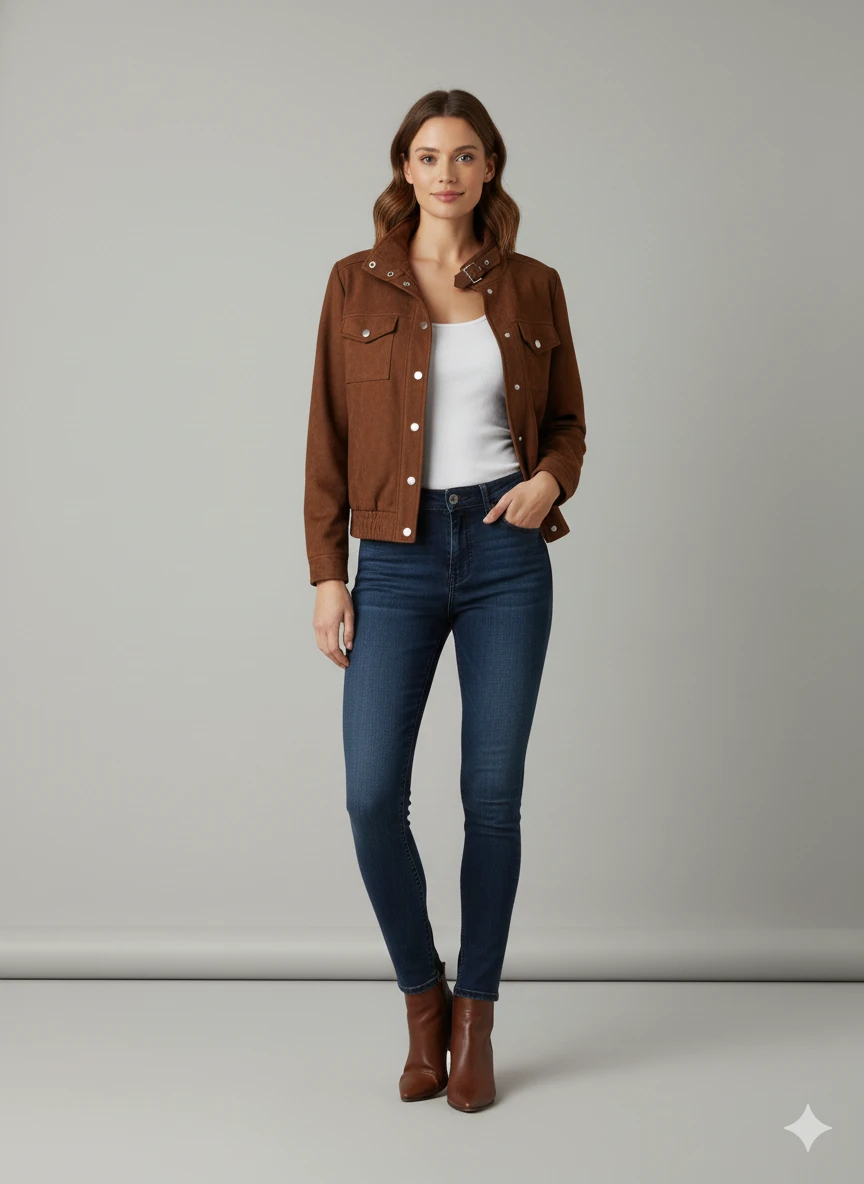 Kadın Taba Zarif Kısa Ceket Toka Detaylı Dik Yaka Cepli Süet/Kaşe Baharlık Ceket - Kahverengi