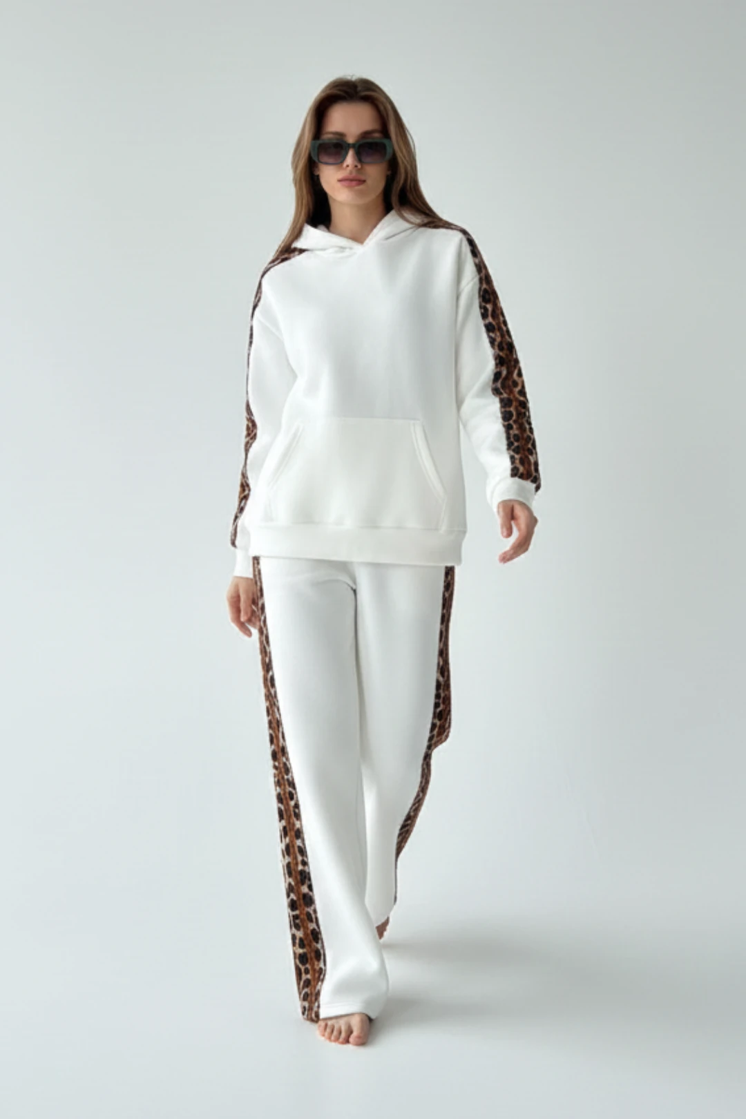  Leopar Detaylı Oversize Eşofman Takımı - Ekru