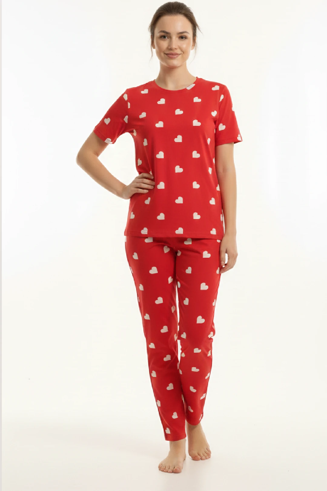  Kalp Desenli Pamuklu Pijama Takımı