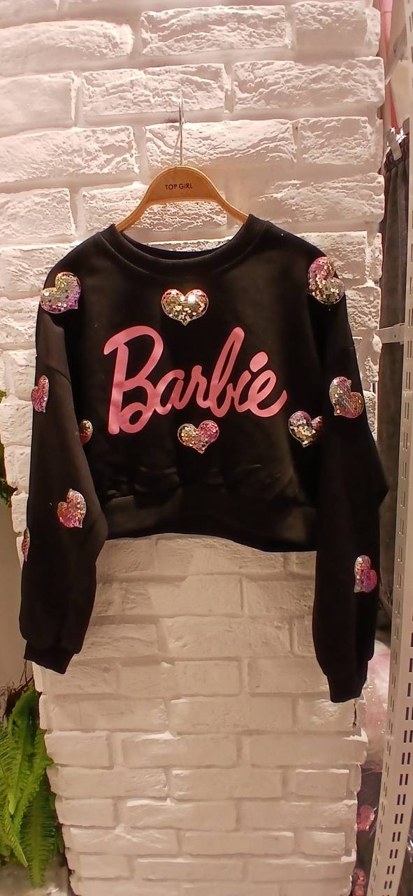 Kadın Barbie Yazılı Crop Sweat Payetli Kalp Detaylı Yuvarlak Yaka Basic Kısa Sweat - Siyah
