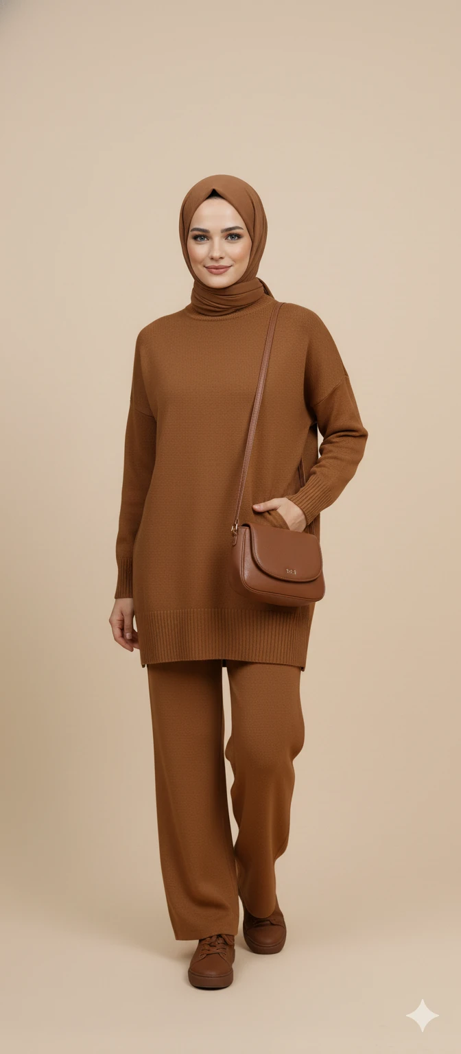 Triko Tunik Pantolon Tesettür Takım - Kahverengi