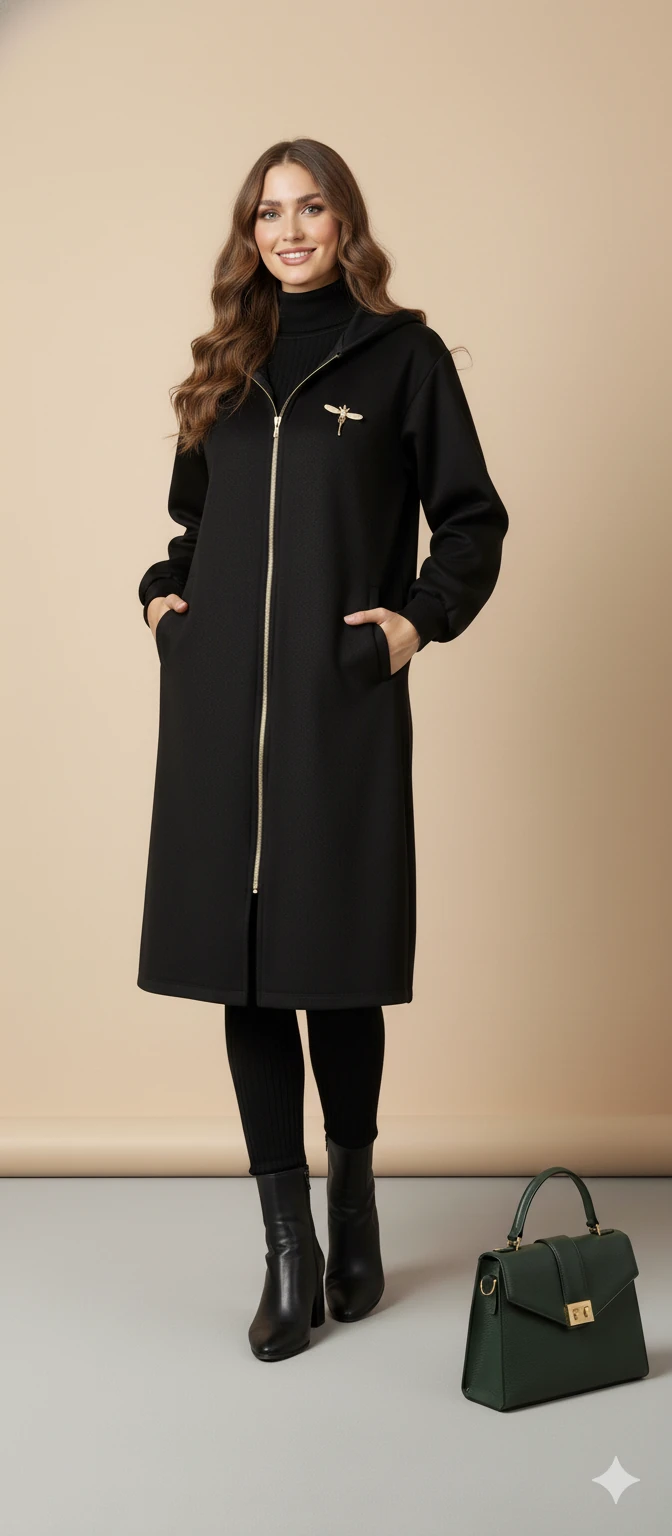 Kadın Gri Kapüşonlu Balon Kol Fermuarlı Kaban Oversize Midi Boy Kışlık Kaşe Mont - Siyah