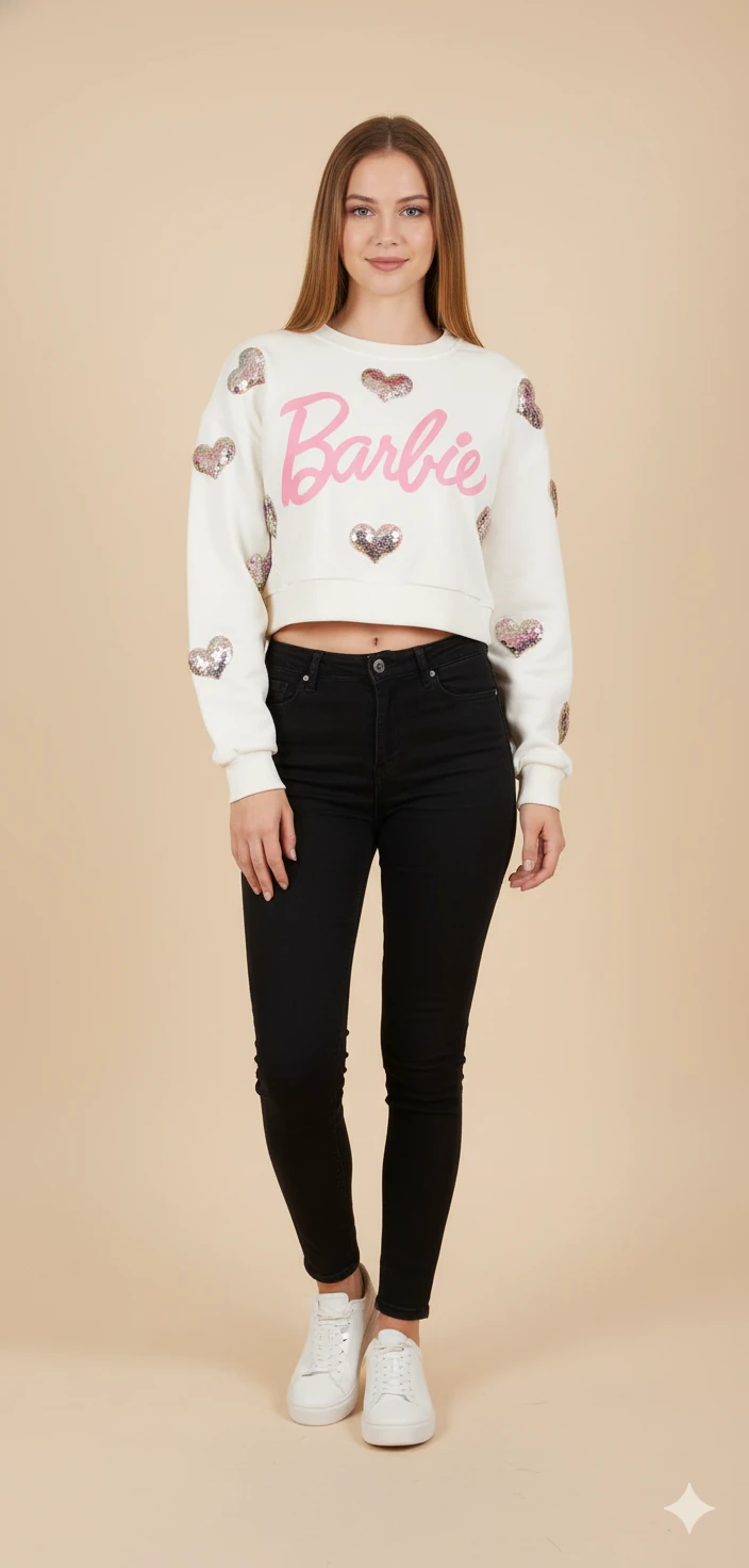 Kadın Barbie Yazılı Crop Sweat Payetli Kalp Detaylı Yuvarlak Yaka Basic Kısa Sweat - Ekru