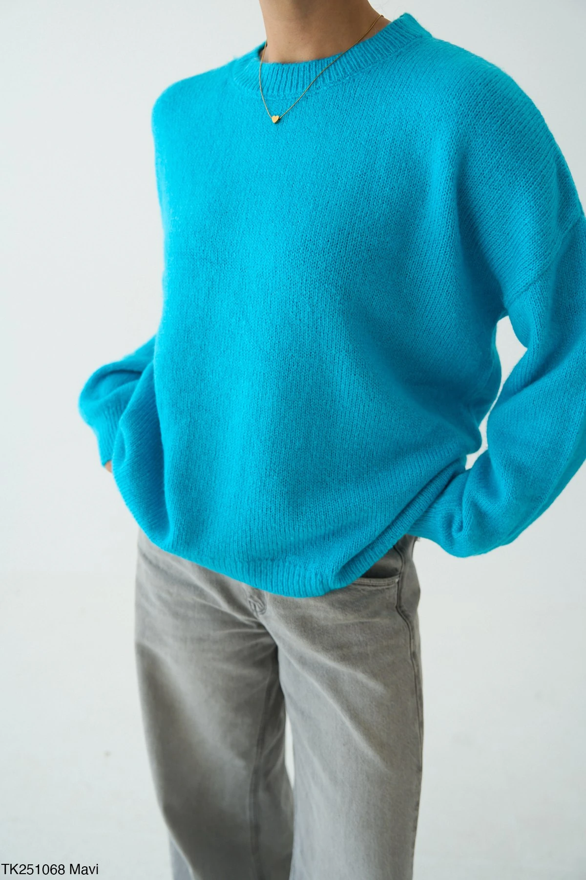 Bisiklet Yaka Oversize Triko Kazak - Mavi