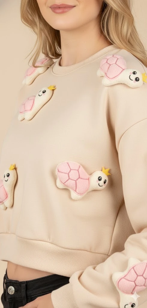 Kadın 3D Figürlü Crop Sweat Kabartmalı Karakter Desenli Bisiklet Yaka Uzun Kollu Kısa Sweat - Siyah