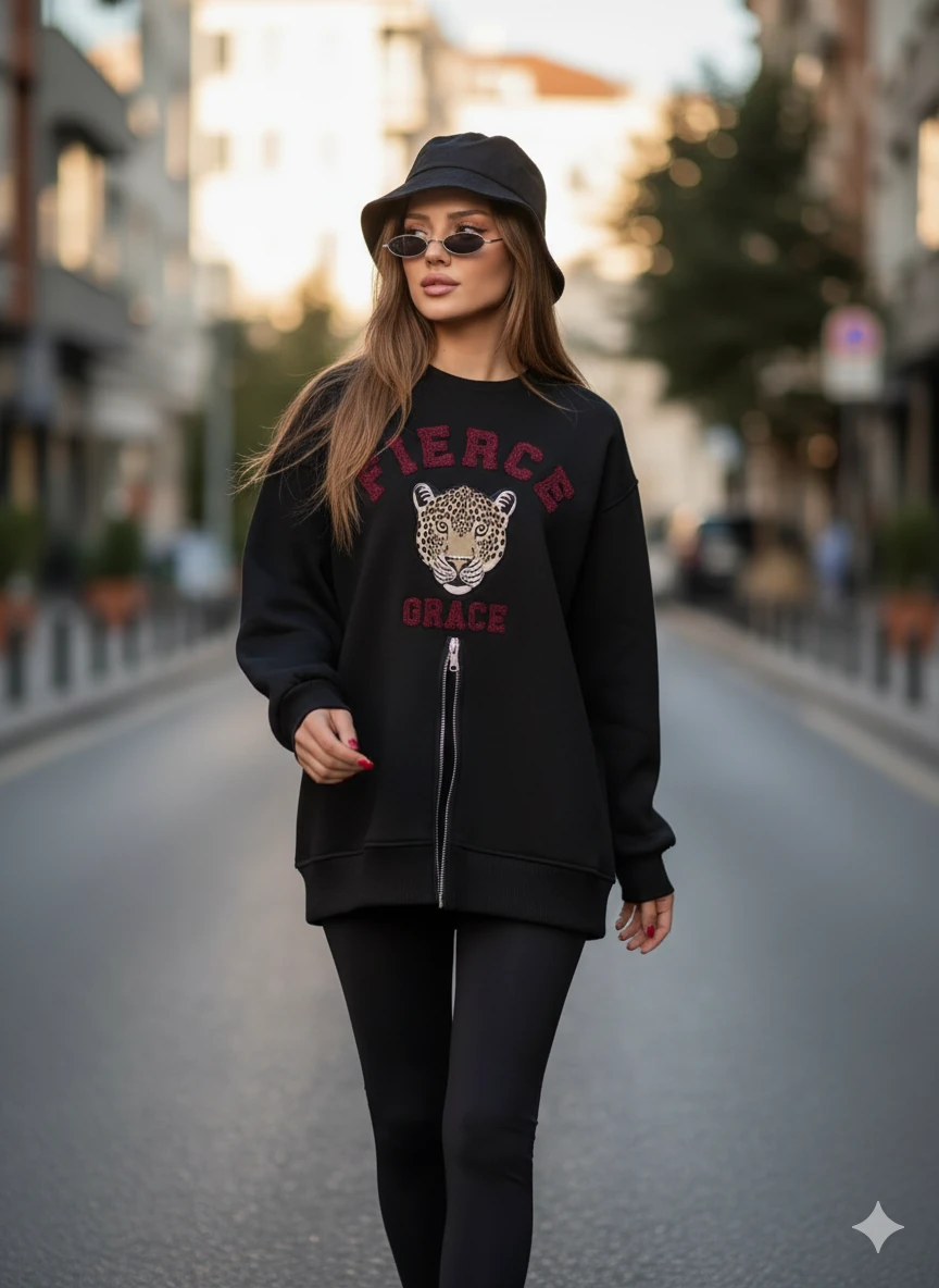 Fermuarlı Leopar Baskılı Oversize Siyah Sweat