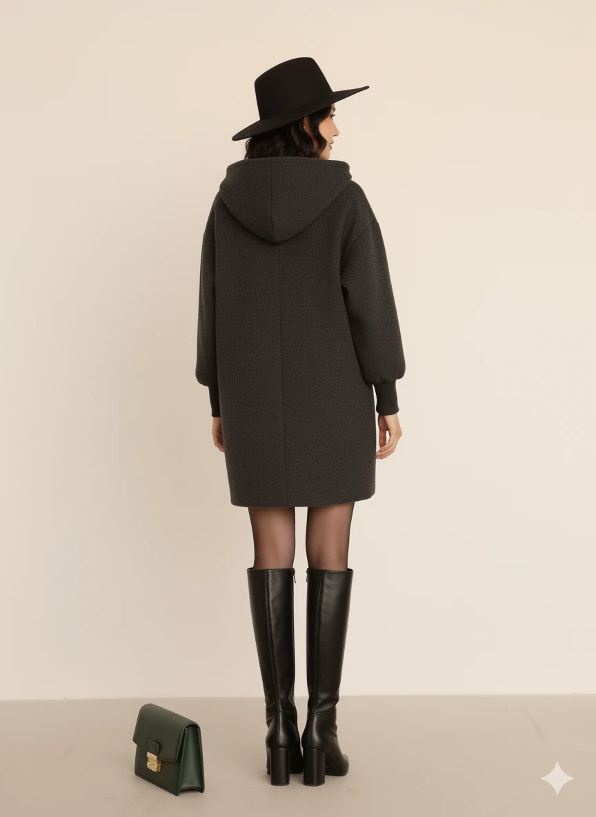 Kadın Oversize Bol Kesim Diz Üstü Siyah Kaban Büyük Cepli Yünlü Kumaş Kapüşon Detaylı - Gri