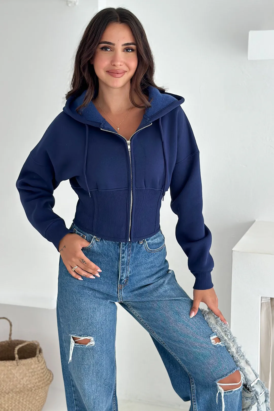 Kadın Siyah Fermuarlı Hoodie SWEAT – Minimal Sokak Ruhuyla - Lacivert