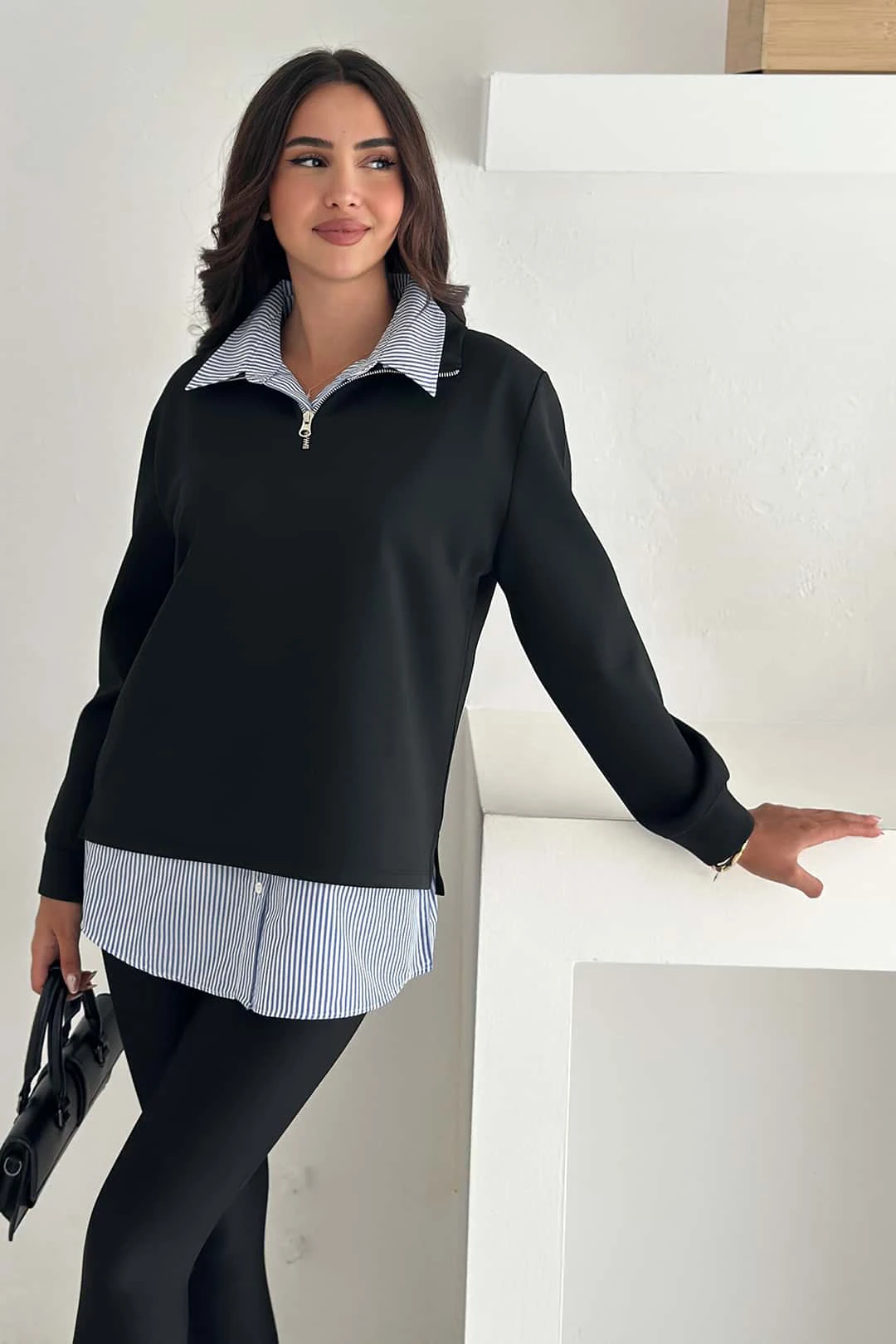 Fermuarlı Oversize Sweatshirt & Gömlek – Katmanlı Şehir Stili - Siyah