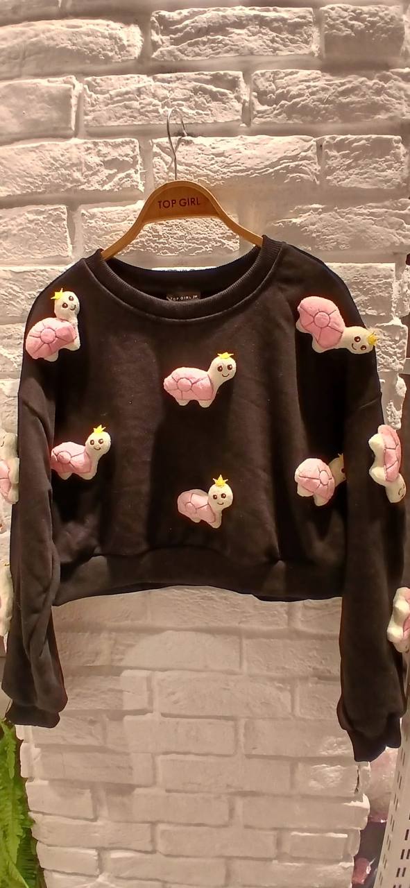 Kadın 3D Figürlü Crop Sweat Kabartmalı Karakter Desenli Bisiklet Yaka Uzun Kollu Kısa Sweat - Ekru