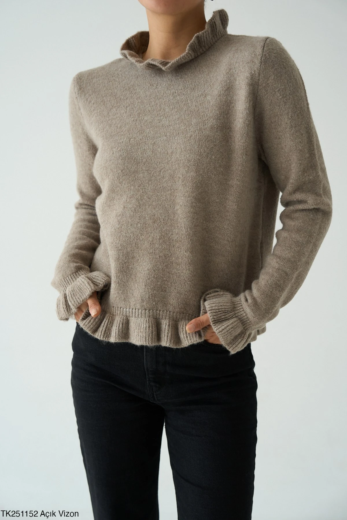Fırfır Detaylı Viskon Triko Kazak - Vizon