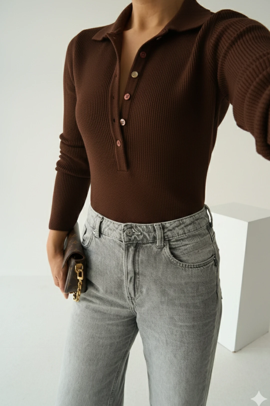 Polo Yaka Düğmeli Ribana Triko Kazak - Koyu Kahve