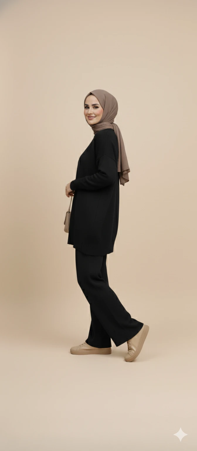 Triko Tunik Pantolon Tesettür Takım - Siyah