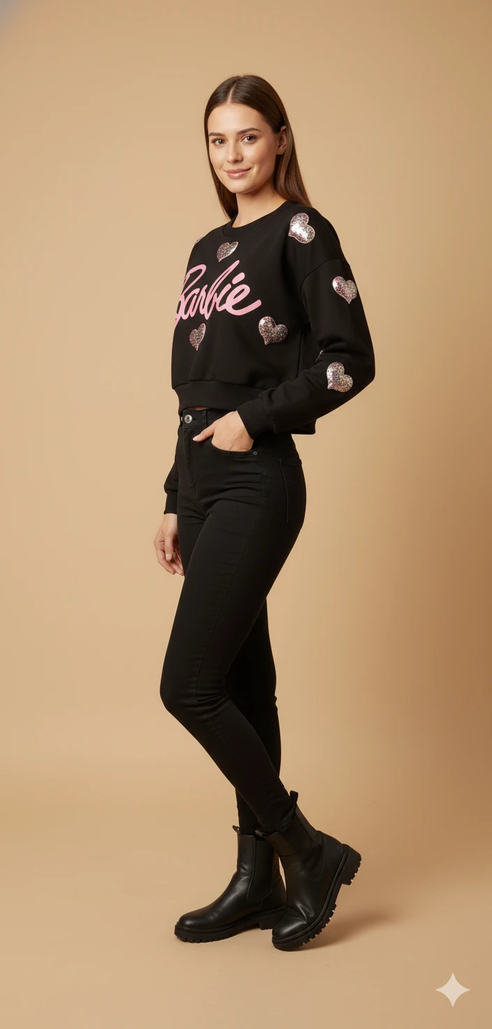 Kadın Barbie Yazılı Crop Sweat Payetli Kalp Detaylı Yuvarlak Yaka Basic Kısa Sweat - Siyah