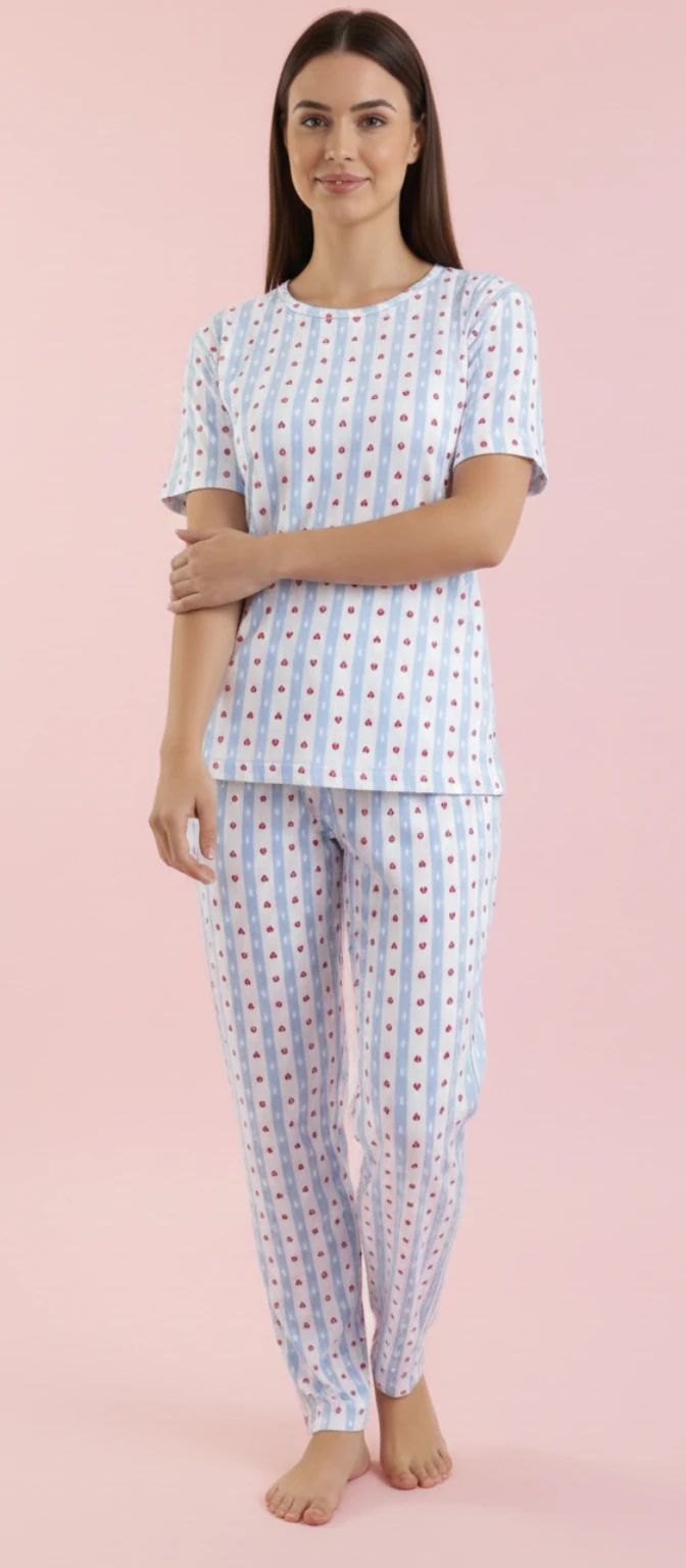 Kalp Baskılı Çizgili Kısa Kollu Pijama TakımI