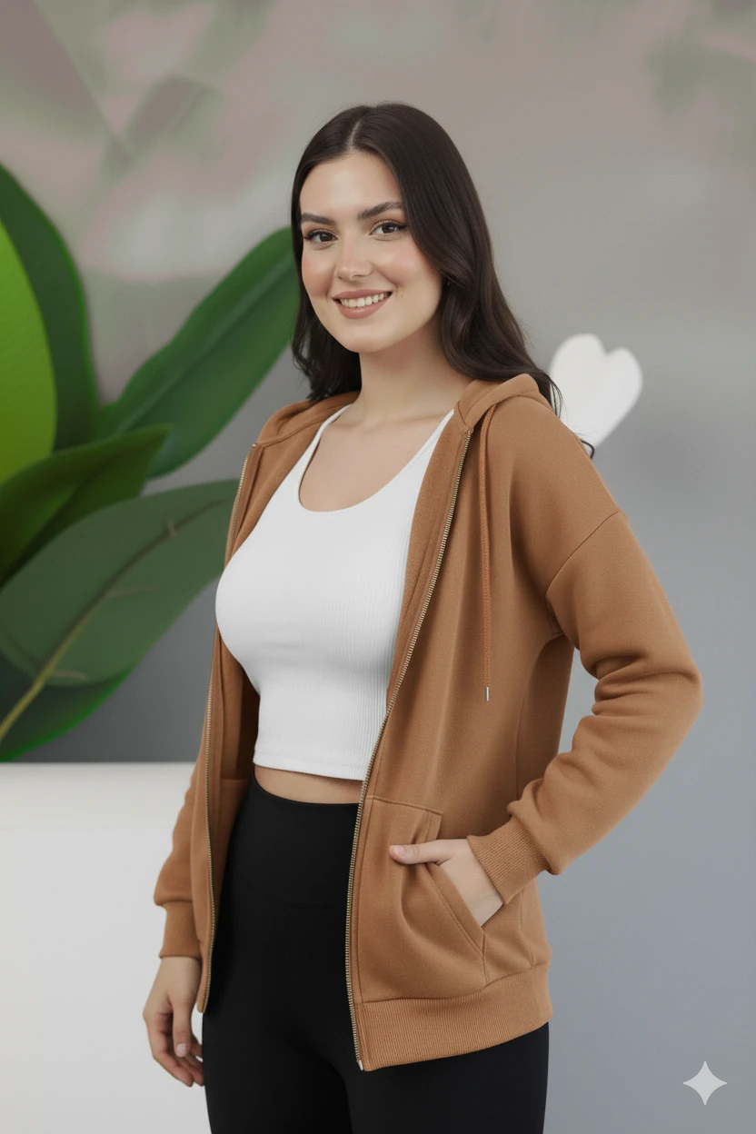 Kadın Genç Unisex Cepli Kapüşonlu Fermuarlı Sweatshirt Hırka - Açık Kahve