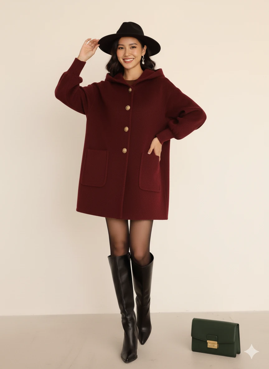 Kadın Oversize Bol Kesim Diz Üstü Siyah Kaban Büyük Cepli Yünlü Kumaş Kapüşon Detaylı - Bordo