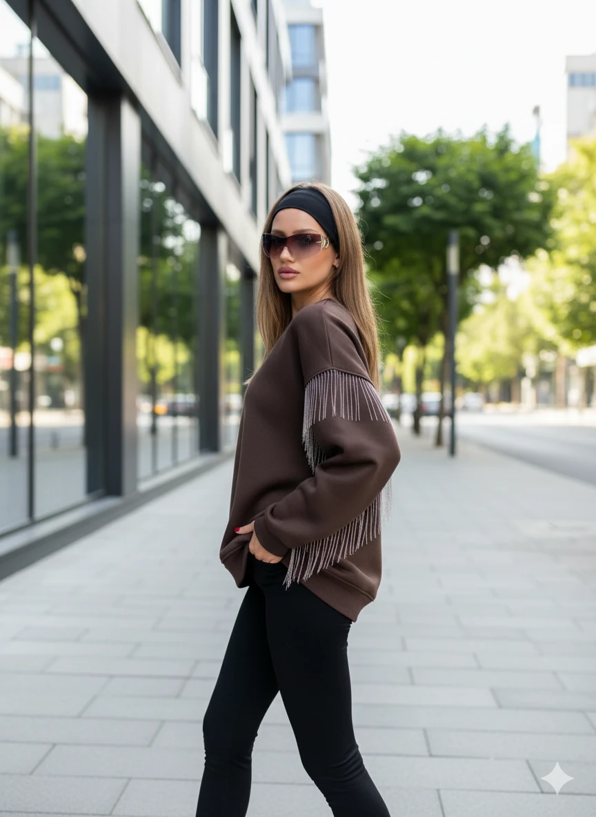 Püsküllü Uzun Kollu Sweat - Kahverengi