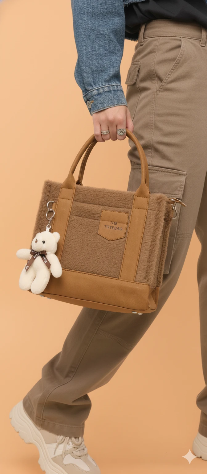 Kürk ve Teddy Ayıcıklı Tüylü Mini Tote Çanta - Kahverengi