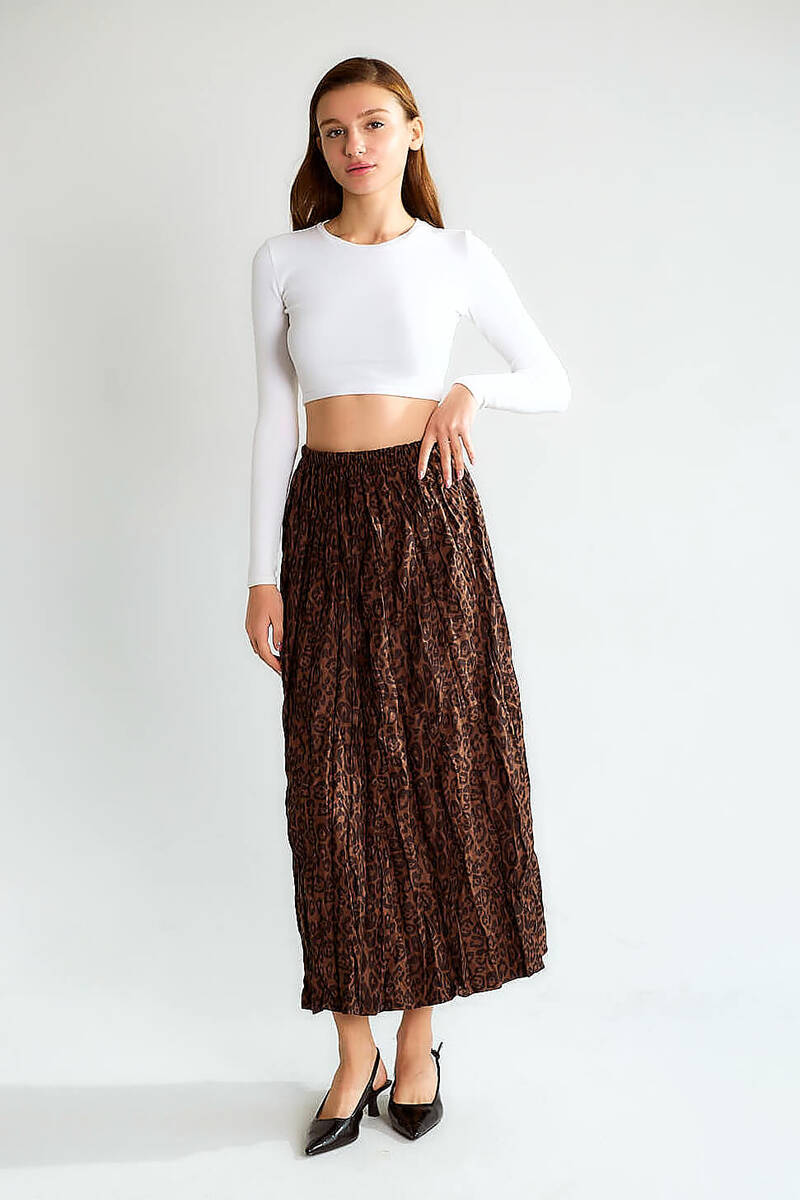 Kadın Leopar Desenli Lastikli Bel Büzgülü Saten Midi Etek Uzun Boy Şık Etek