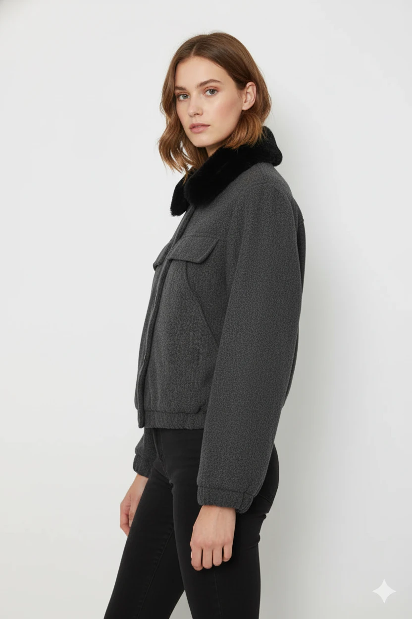 Cemo Kuzu Kürk Yakalı Düğmeli Kısa Suni Deri Ceket - Antrasit