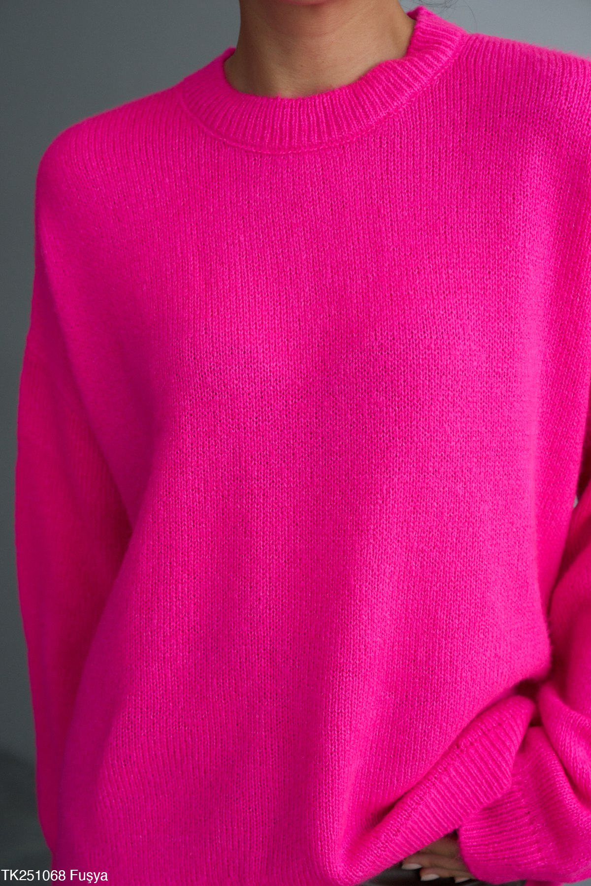 Bisiklet Yaka Oversize Triko Kazak - Koyu Pembe