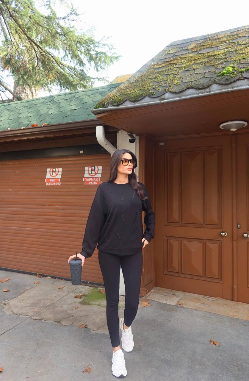 Cemo Günlük Uzun Kollu Bisiklet Yaka Basic Bluz/Sweatshirt - Siyah