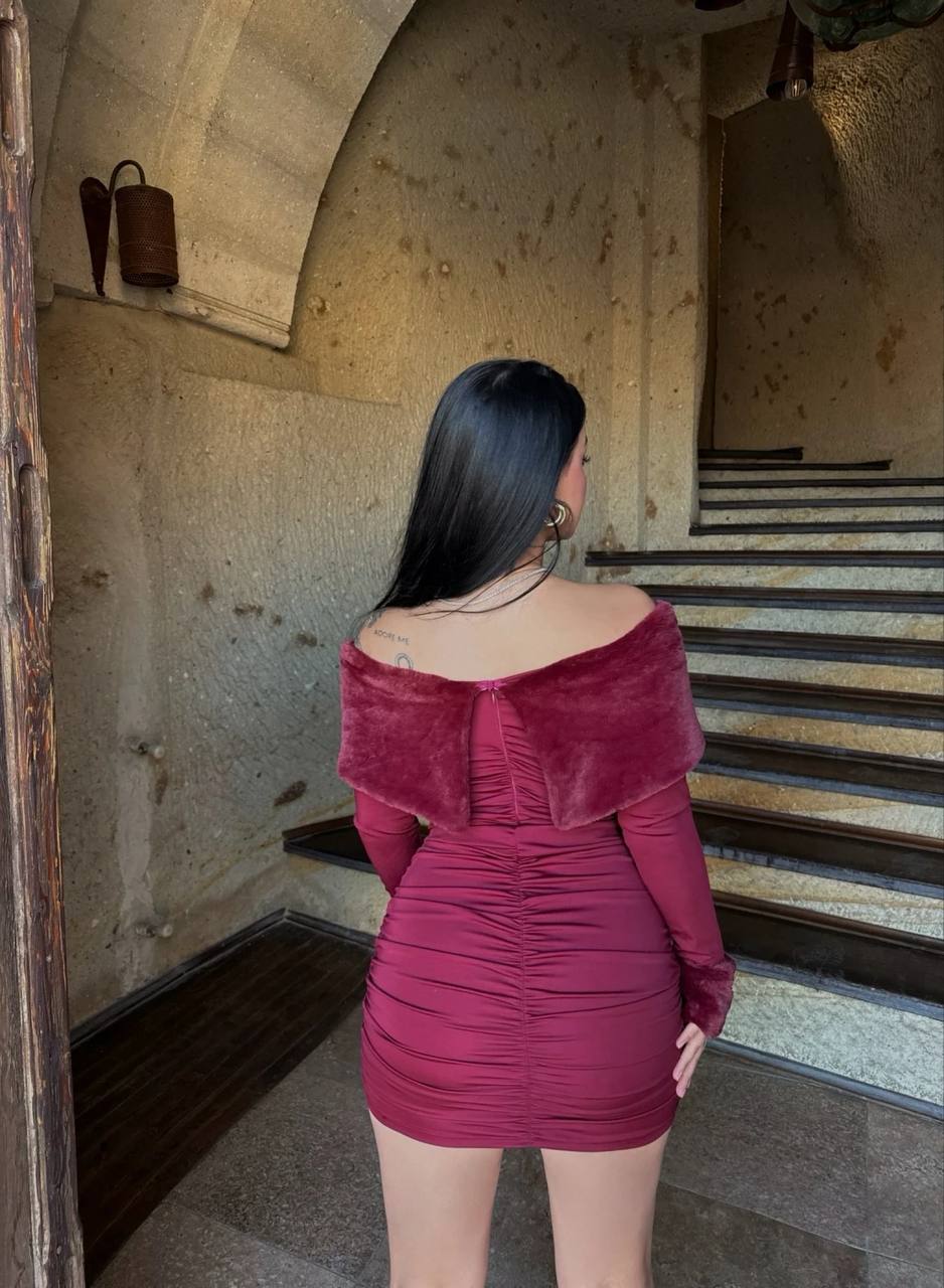 YAKASI KÜRKLÜ BÜZGÜLÜ ELBİSE