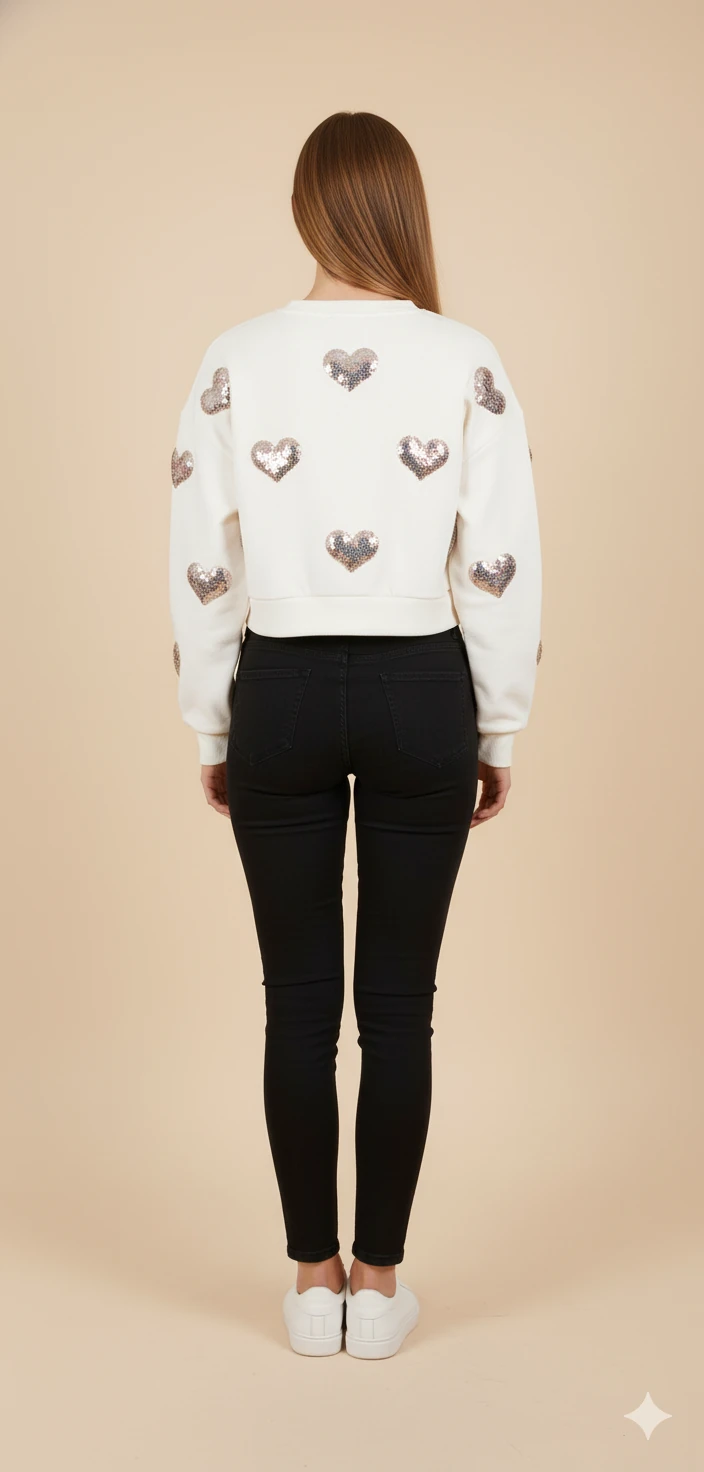 Kadın Barbie Yazılı Crop Sweat Payetli Kalp Detaylı Yuvarlak Yaka Basic Kısa Sweat - Ekru