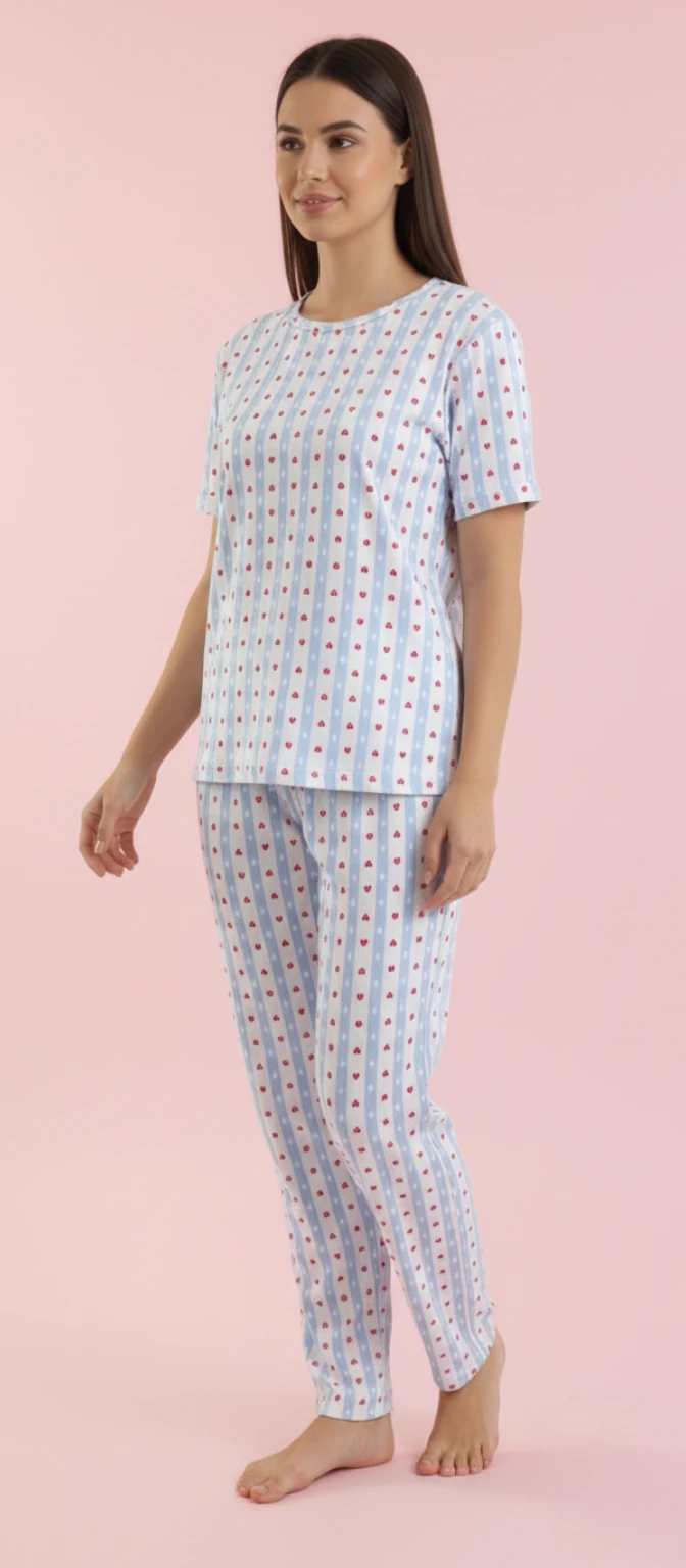 Kalp Baskılı Çizgili Kısa Kollu Pijama TakımI