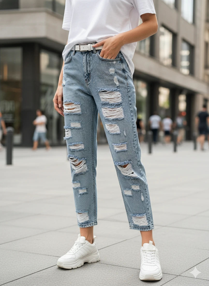 Kadın Yırtık Kot Pantolon Payetli Figür Detaylı Yüksek Bel Bol Kesim Jean