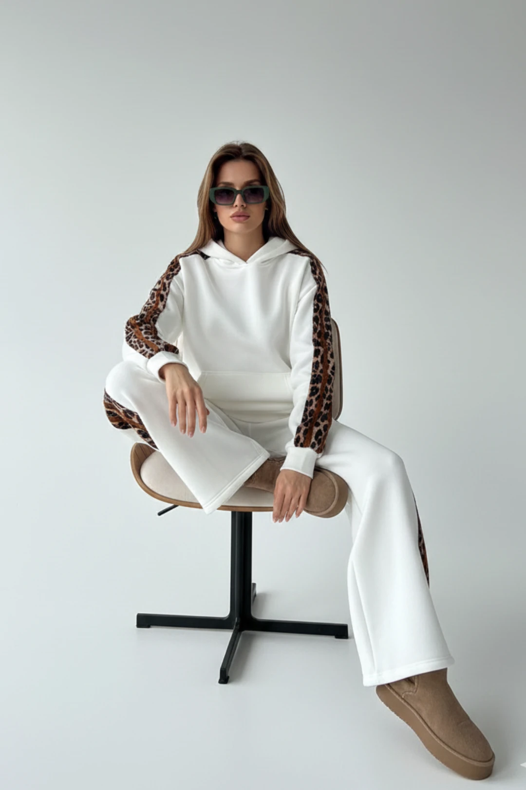  Leopar Detaylı Oversize Eşofman Takımı - Ekru